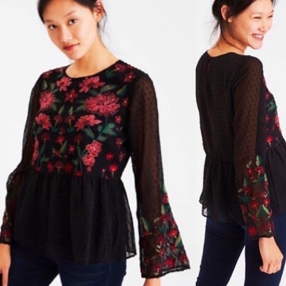 American Eagle Black Embroidered Floral Swiss Dot - Picture 1 of 8